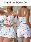 Sexy Heart Print Pajama Set for Women Sleepwear Silk Stain V-Neck Sleeveless Casual Cami Top and Shorts Sets Loungewear