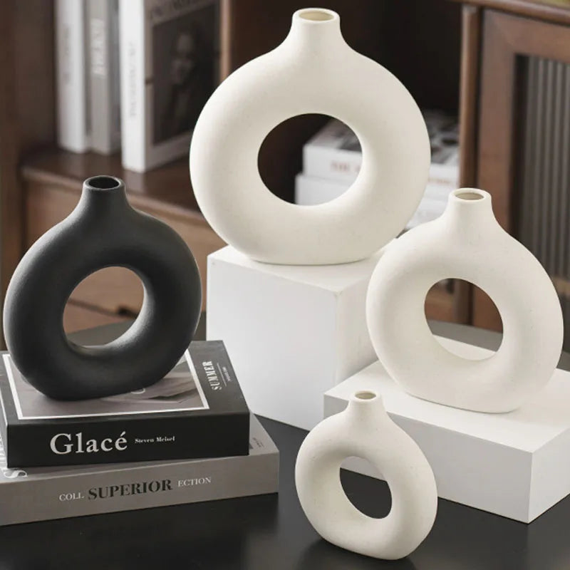 Flat Minimalist Simple Vase Donut Shape Single Flower Pot Home Wedding Decoratio Hollow Ornaments Circle Flower Arrangement Vase