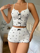 Sexy Heart Print Pajama Set for Women Sleepwear Silk Stain V-Neck Sleeveless Casual Cami Top and Shorts Sets Loungewear